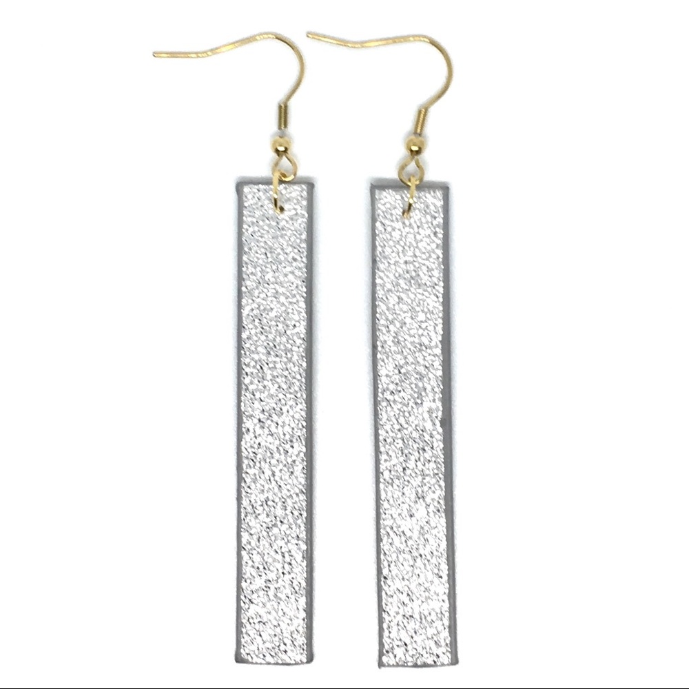 Silver Strip Bar Dangle Vegan Leather Earrings